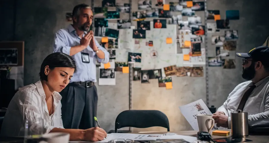 Equipe diante de parede coberta de notas adesivas planejando um projeto