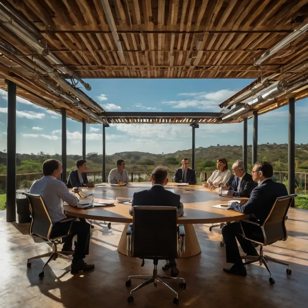 Reunião em sala de mesa oval com vista para área externa