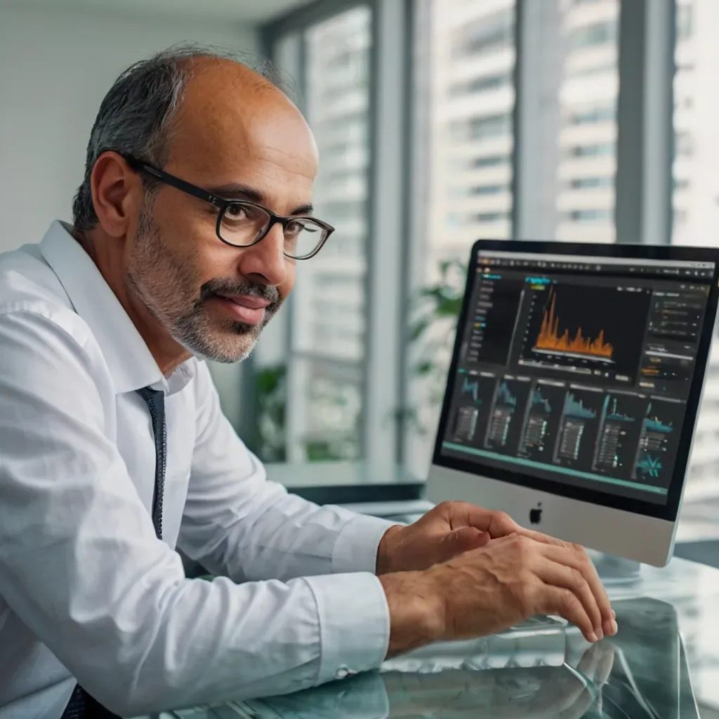 Profissional analisando gráficos e indicadores em monitor de computador