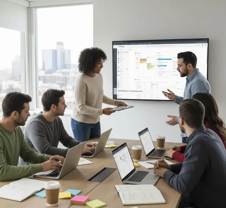 Reunião de equipe com apresentação de painel de projetos na tela